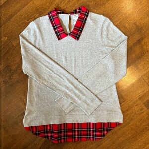 J Crew NWT Tartan Plaid Woven Collar Light Gray Sweater Size Large
